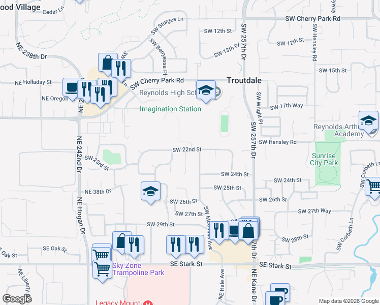 map of restaurants, bars, coffee shops, grocery stores, and more near 2208 Southwest Indian Mary Court in Troutdale