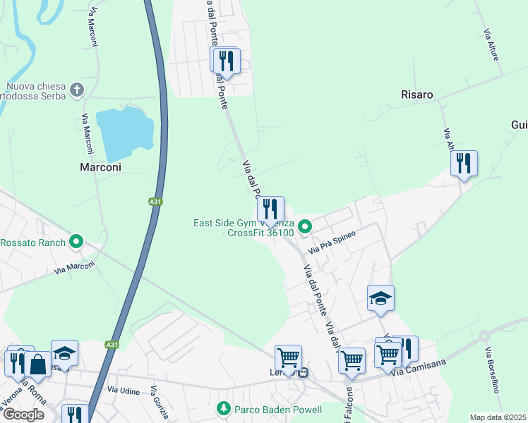 map of restaurants, bars, coffee shops, grocery stores, and more near 81 Via dal Ponte in Torri di Quartesolo