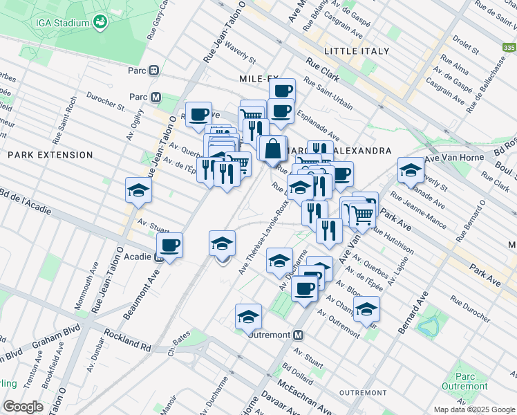map of restaurants, bars, coffee shops, grocery stores, and more near 600 Avenue de la Gare-de-triage in Montréal