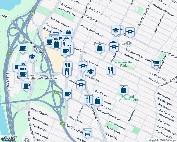 map of restaurants, bars, coffee shops, grocery stores, and more near 694 Rue Dollard in Longueuil
