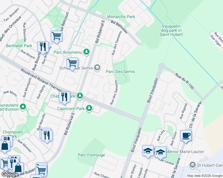map of restaurants, bars, coffee shops, grocery stores, and more near 3403 Rue des Sapins in Longueuil