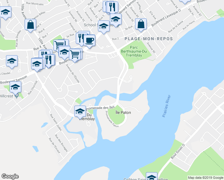 map of restaurants, bars, coffee shops, grocery stores, and more near 59 Promenade des Îles in Laval