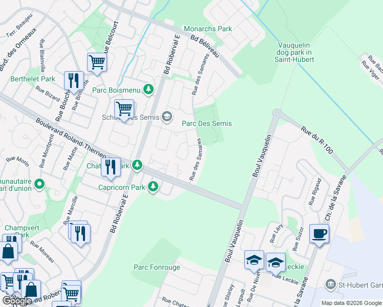 map of restaurants, bars, coffee shops, grocery stores, and more near 3403 Rue des Sapins in Longueuil