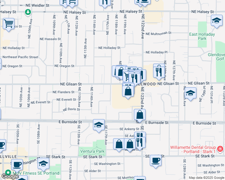 map of restaurants, bars, coffee shops, grocery stores, and more near 307 Northeast 117th Avenue in Portland