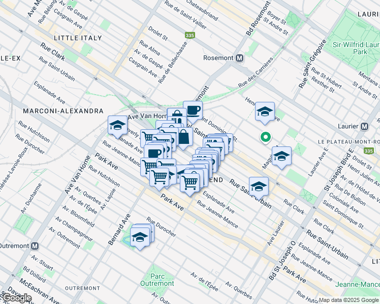 map of restaurants, bars, coffee shops, grocery stores, and more near 5667 Rue Saint-Urbain in Montréal