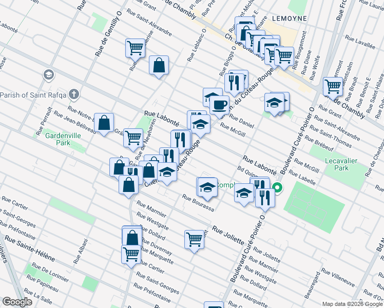 map of restaurants, bars, coffee shops, grocery stores, and more near 553 Chemin du Coteau-Rouge in Longueuil