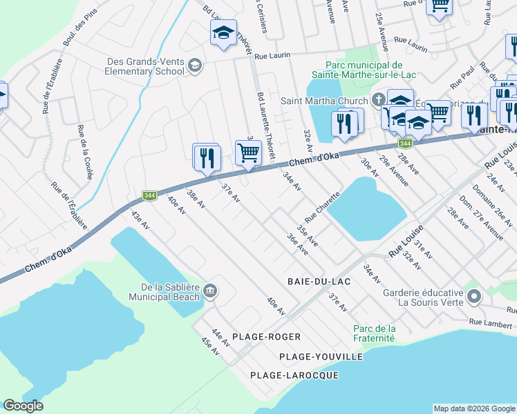 map of restaurants, bars, coffee shops, grocery stores, and more near 122 36e Avenue in Sainte-Marthe-sur-le-Lac