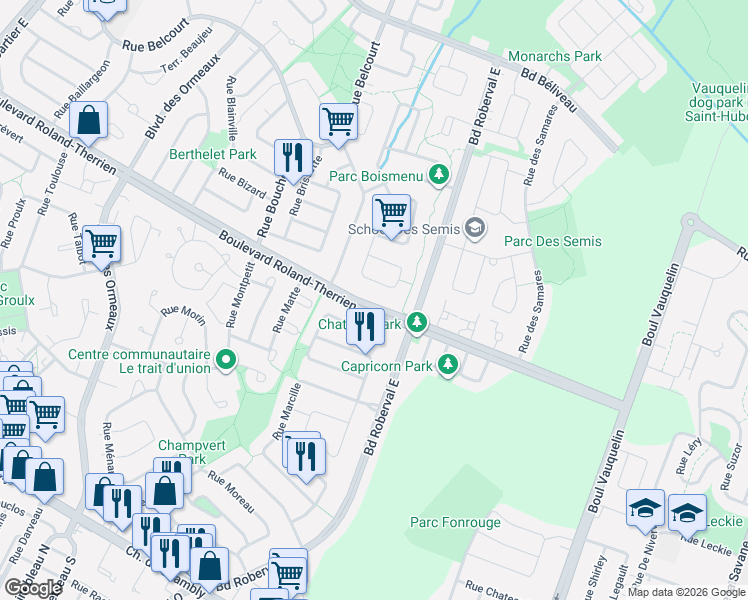 map of restaurants, bars, coffee shops, grocery stores, and more near 3251 Boulevard Roland-Therrien in Longueuil