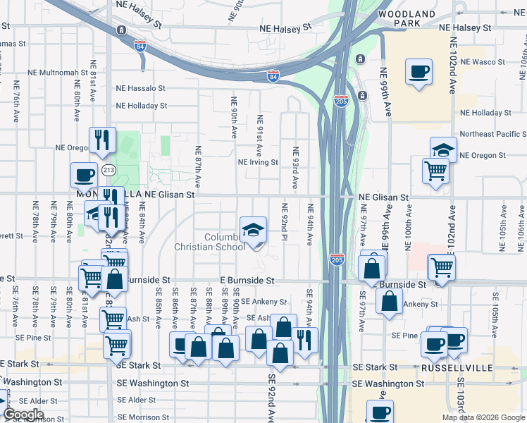 map of restaurants, bars, coffee shops, grocery stores, and more near 411 Northeast 92nd Avenue in Portland