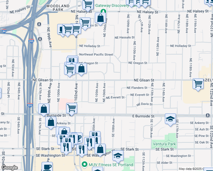 map of restaurants, bars, coffee shops, grocery stores, and more near 10709 Northeast Everett Court in Portland
