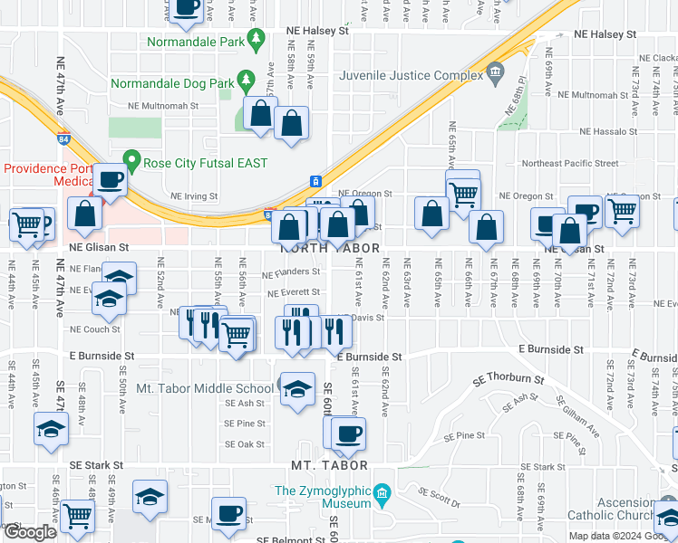 map of restaurants, bars, coffee shops, grocery stores, and more near 5932 Northeast Everett Street in Portland