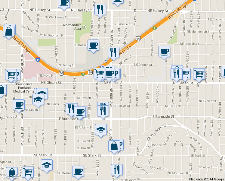 map of restaurants, bars, coffee shops, grocery stores, and more near 5932 Northeast Everett Street in Portland