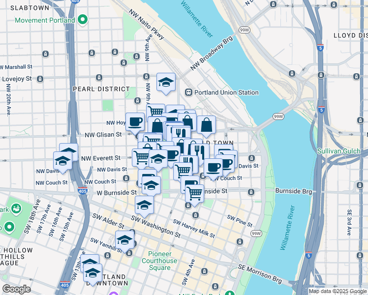 map of restaurants, bars, coffee shops, grocery stores, and more near 700 Northwest Everett Street in Portland