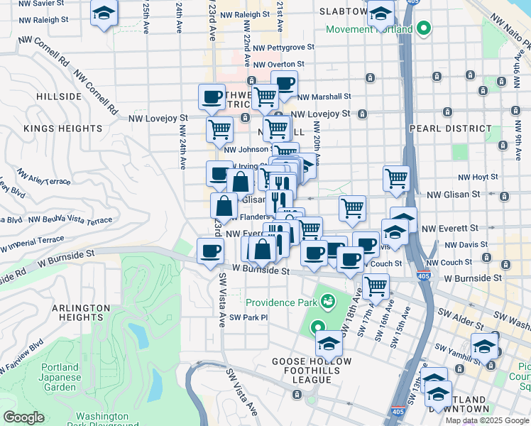 map of restaurants, bars, coffee shops, grocery stores, and more near 2149 Northwest Everett Street in Portland