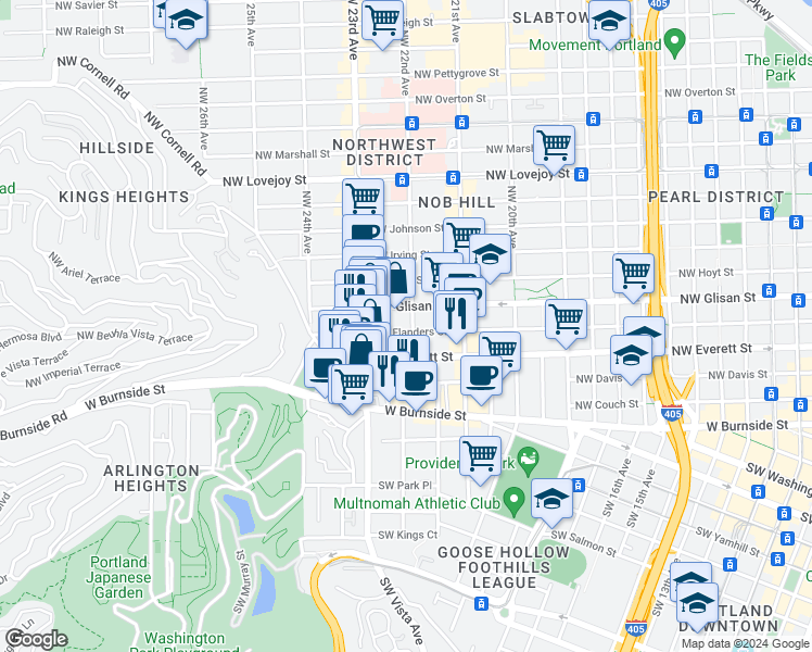 map of restaurants, bars, coffee shops, grocery stores, and more near 2229 Northwest Everett Street in Portland