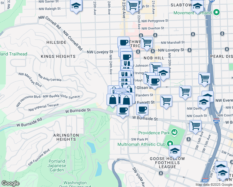map of restaurants, bars, coffee shops, grocery stores, and more near 2361 Northwest Westover Road in Portland