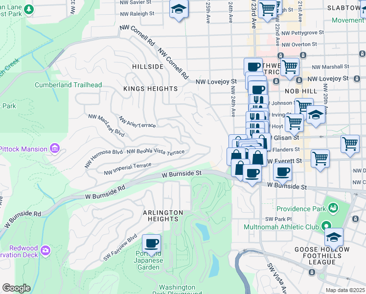 map of restaurants, bars, coffee shops, grocery stores, and more near 2562 Northwest Mildred Street in Portland