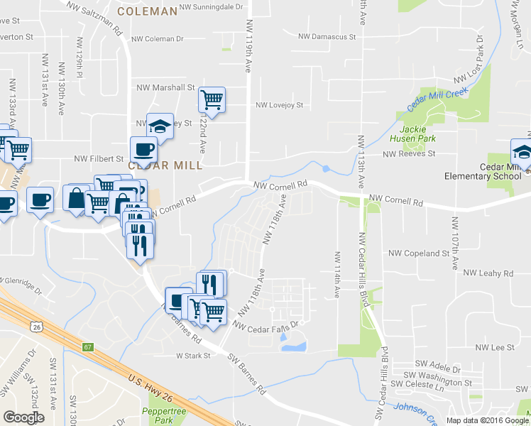map of restaurants, bars, coffee shops, grocery stores, and more near 11735 Northwest Holly Springs Lane in Portland