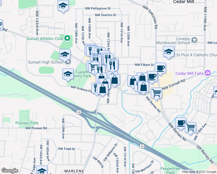 map of restaurants, bars, coffee shops, grocery stores, and more near 702 Northwest Joy Avenue in Portland