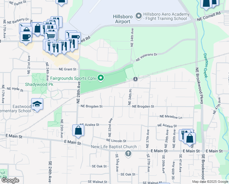 map of restaurants, bars, coffee shops, grocery stores, and more near 381 Northeast 33rd Court in Hillsboro