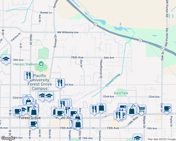 map of restaurants, bars, coffee shops, grocery stores, and more near 2323 Elm Street in Forest Grove
