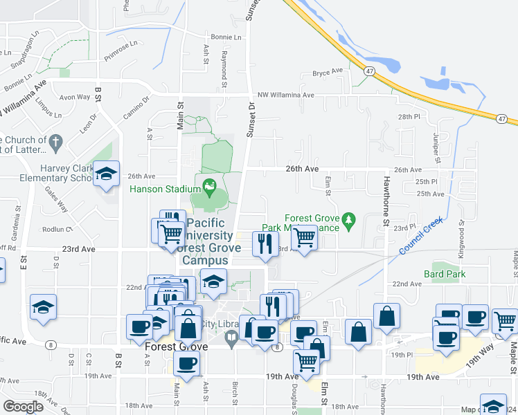 map of restaurants, bars, coffee shops, grocery stores, and more near 2323 Cedar Street in Forest Grove