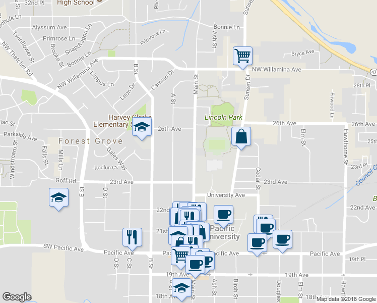 map of restaurants, bars, coffee shops, grocery stores, and more near 2334 Main Street in Forest Grove