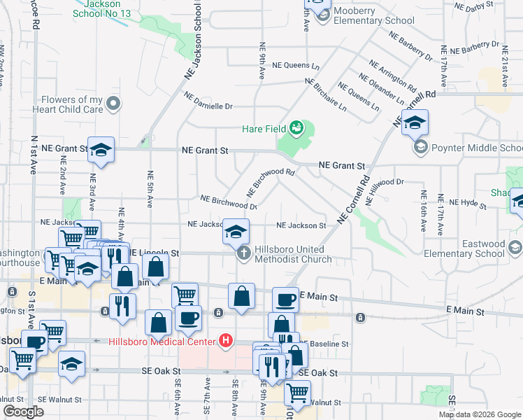 map of restaurants, bars, coffee shops, grocery stores, and more near 874 Northeast Birchwood Drive in Hillsboro