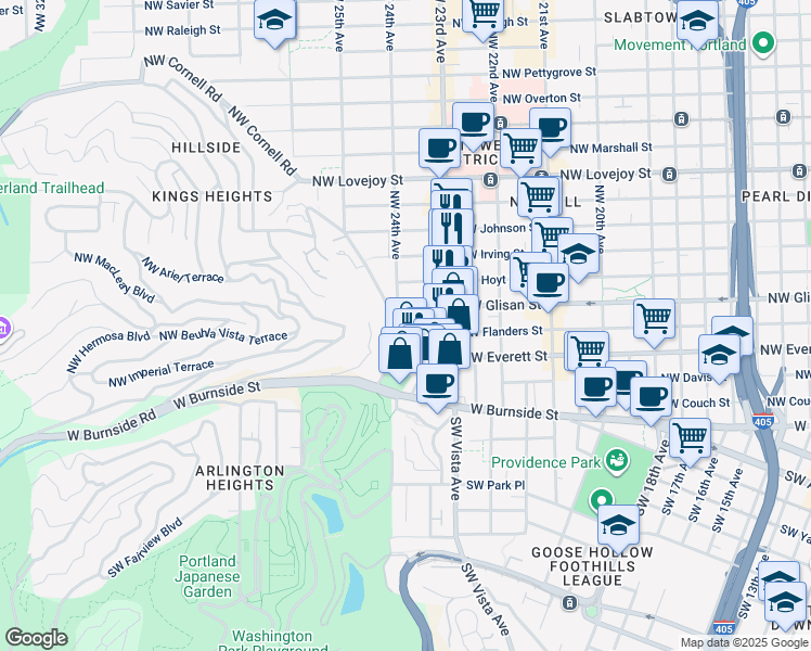 map of restaurants, bars, coffee shops, grocery stores, and more near 2381 Northwest Flanders Street in Portland
