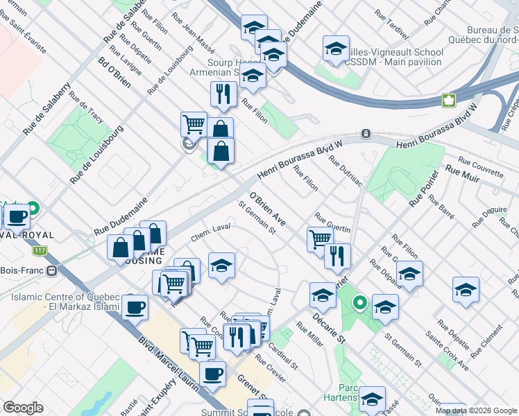 map of restaurants, bars, coffee shops, grocery stores, and more near 2240 Avenue O'Brien in Montréal