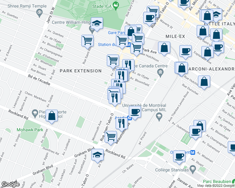 map of restaurants, bars, coffee shops, grocery stores, and more near 887 Rue Jean-Talon Ouest in Montréal