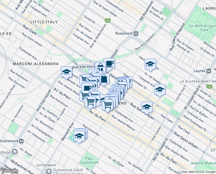 map of restaurants, bars, coffee shops, grocery stores, and more near 5669 Rue Saint-Urbain in Montréal