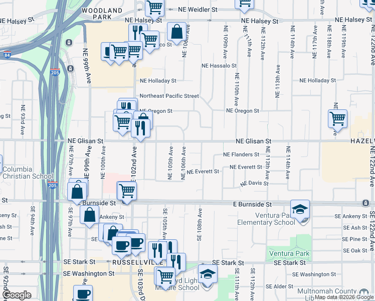 map of restaurants, bars, coffee shops, grocery stores, and more near 10709 Northeast Everett Court in Portland