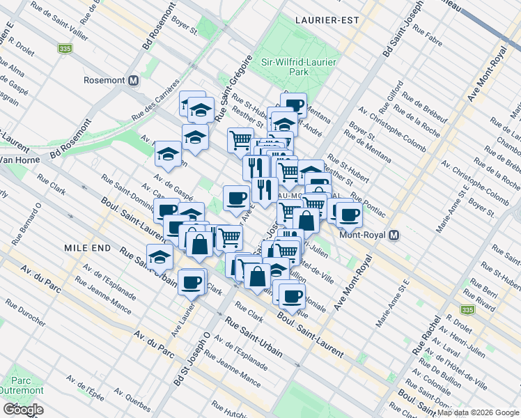 map of restaurants, bars, coffee shops, grocery stores, and more near 5065 Avenue Henri-Julien in Montréal
