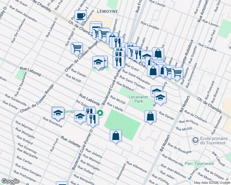 map of restaurants, bars, coffee shops, grocery stores, and more near 1950 Rue Daniel in Longueuil