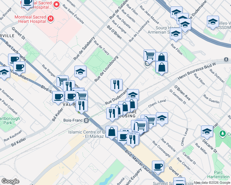 map of restaurants, bars, coffee shops, grocery stores, and more near 11790 Rue de Meulles in Montréal