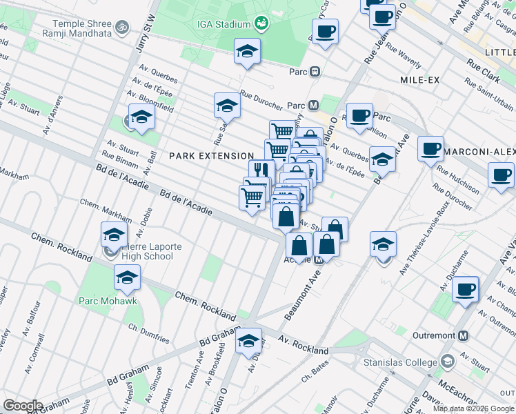 map of restaurants, bars, coffee shops, grocery stores, and more near 935 Avenue Ogilvy in Montréal