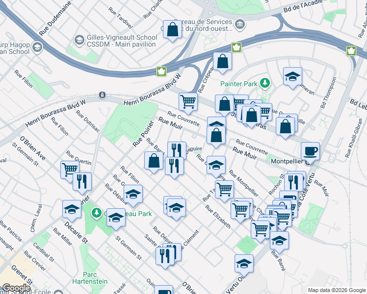 map of restaurants, bars, coffee shops, grocery stores, and more near 1610 Rue Champigny in Montréal