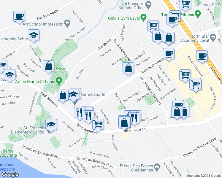 map of restaurants, bars, coffee shops, grocery stores, and more near 7293 Boulevard Notre-Dame in Laval