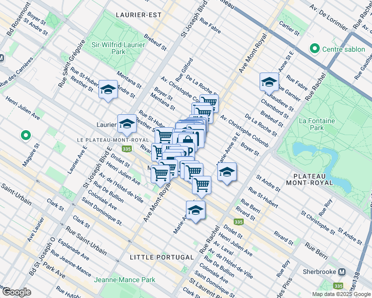 map of restaurants, bars, coffee shops, grocery stores, and more near 500a Avenue du Mont-Royal Est in Montréal