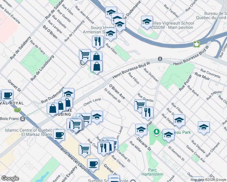 map of restaurants, bars, coffee shops, grocery stores, and more near 2240 Avenue O'Brien in Montréal