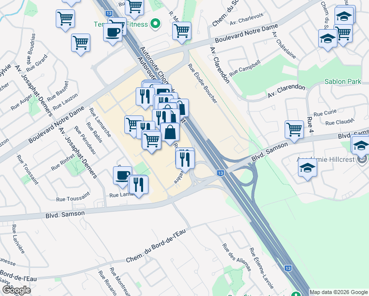 map of restaurants, bars, coffee shops, grocery stores, and more near 520 Autoroute Chomedey in Laval