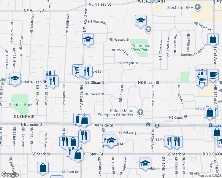 map of restaurants, bars, coffee shops, grocery stores, and more near 16625 Northeast Everett Court in Portland