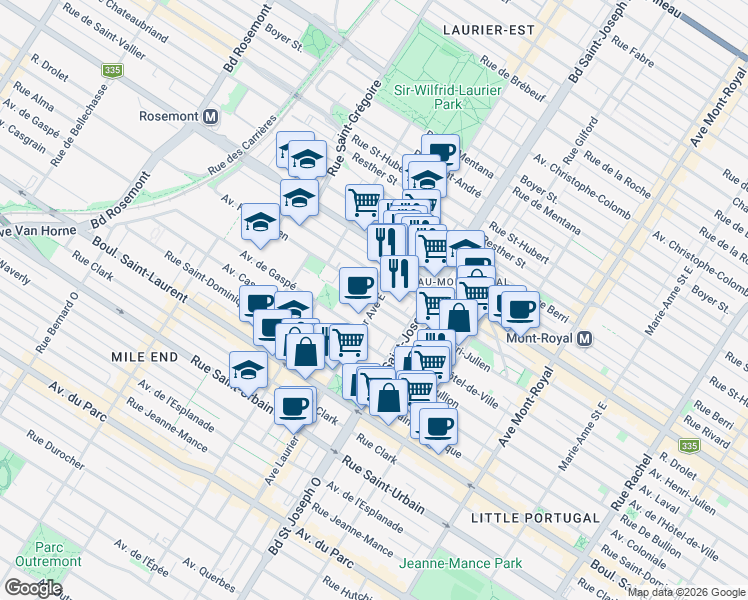 map of restaurants, bars, coffee shops, grocery stores, and more near 285 Avenue Laurier Est in Montréal
