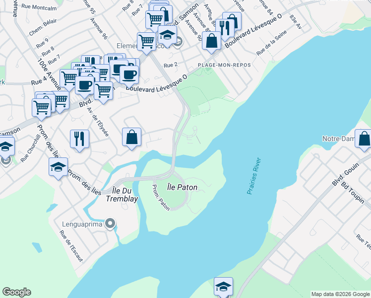 map of restaurants, bars, coffee shops, grocery stores, and more near 4300 Place des Cageux in Laval