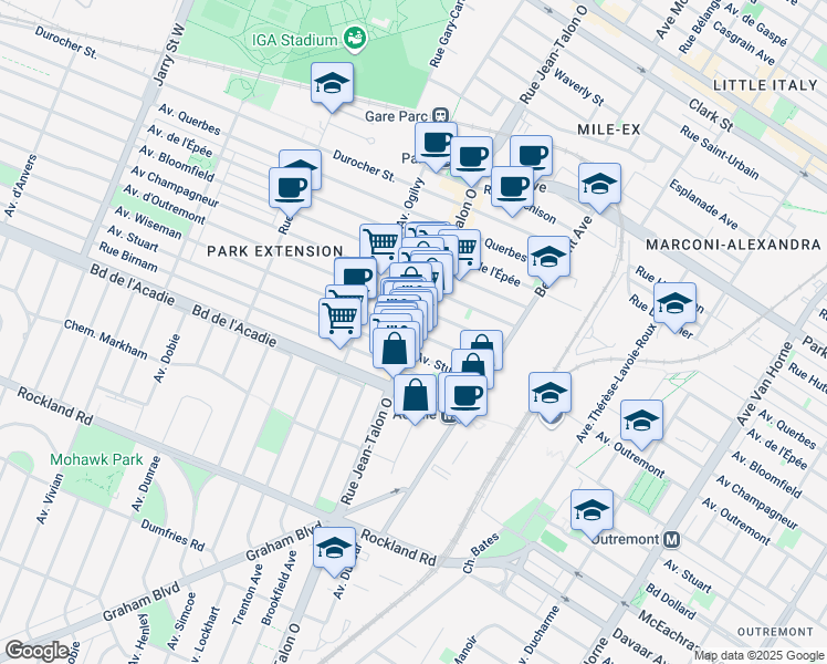 map of restaurants, bars, coffee shops, grocery stores, and more near Avenue Wiseman in Montréal