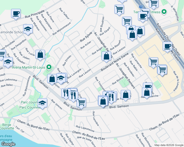 map of restaurants, bars, coffee shops, grocery stores, and more near 7293 Boulevard Notre-Dame in Laval