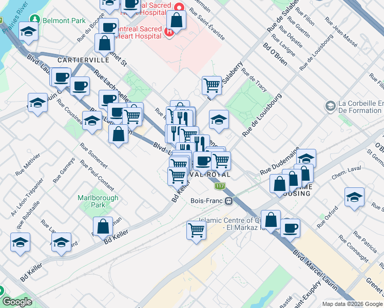 map of restaurants, bars, coffee shops, grocery stores, and more near 11891 Rue Lachapelle in Montréal