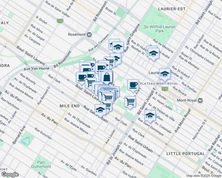 map of restaurants, bars, coffee shops, grocery stores, and more near 150 Rue Maguire in Montréal