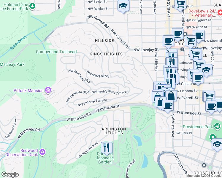 map of restaurants, bars, coffee shops, grocery stores, and more near 2732 Northwest Monte Vista Terrace in Portland